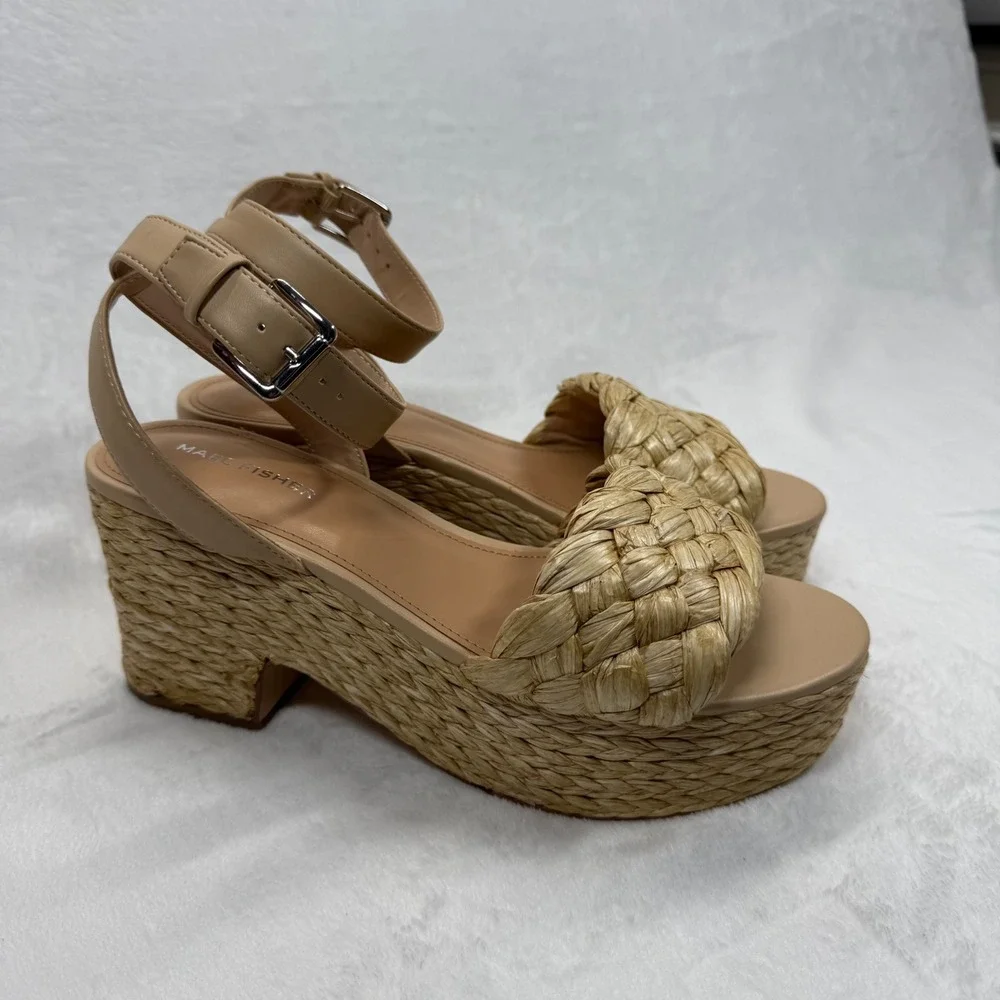 Marc Fisher Steel Espadrille Platform Sandals Woven‎ Ankle Strap Beige Size 10M